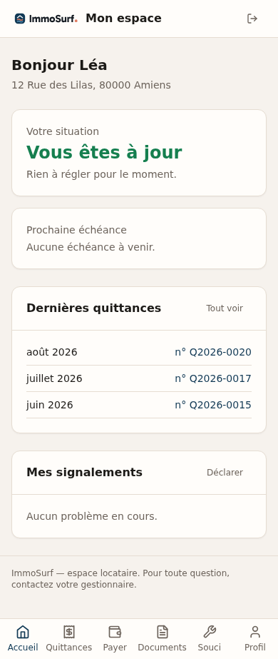 L'espace locataire sur téléphone : quittances, échéances et signalements.